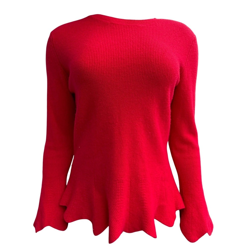 Ted Baker Peplum Sweater Womens L Merino Cashmere Blend Bell Sleeve Crew Neck